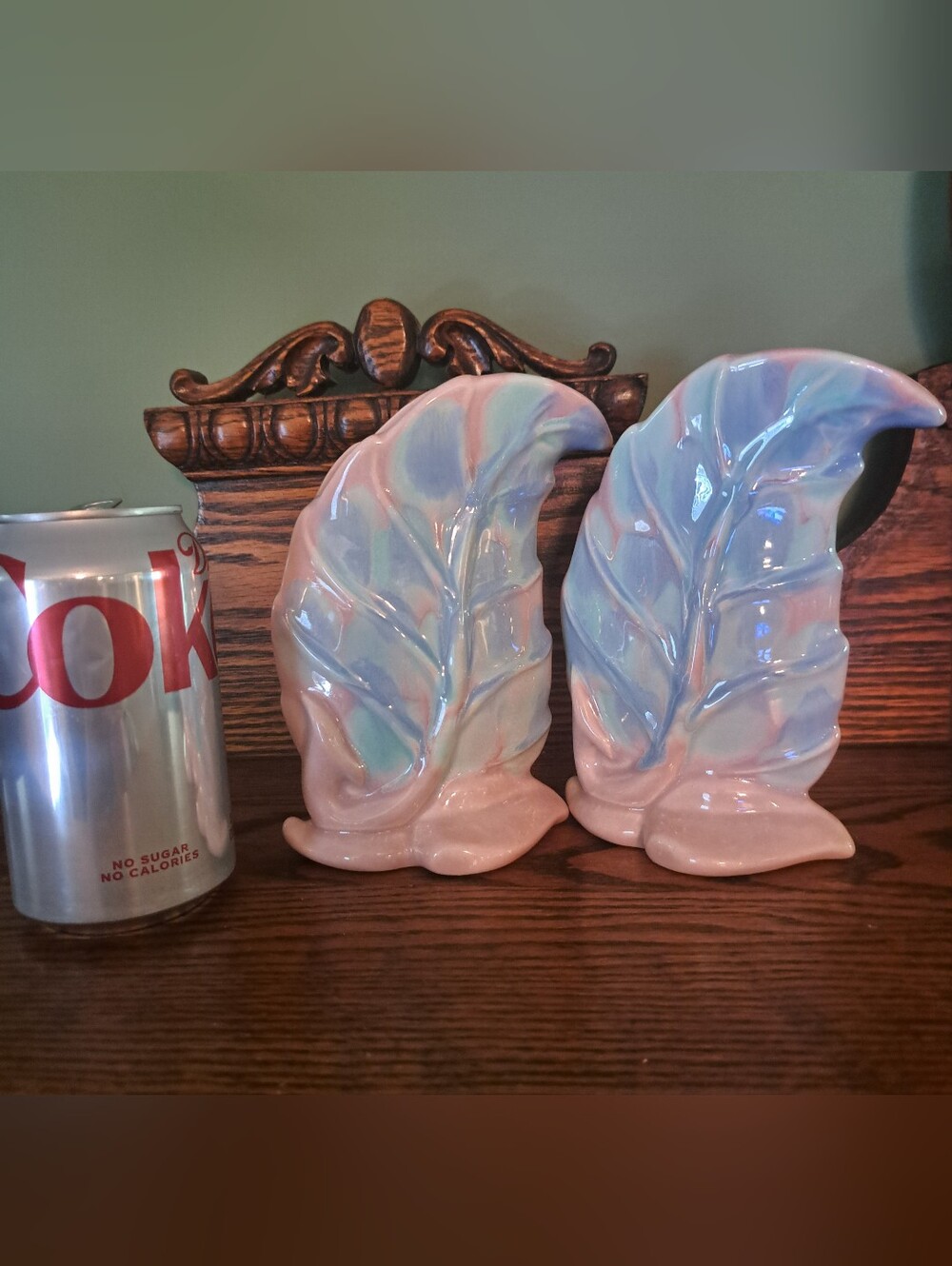 Vintage Royal Haeger USA Mauve Agate Pink Blue Leaf Fan Vases Pair Of 2